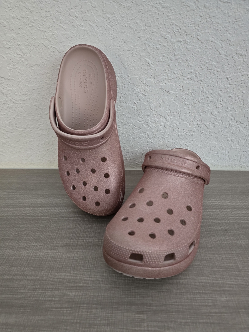 Crocs Rose Gold Glitter Classic Platform Clogs Size 9